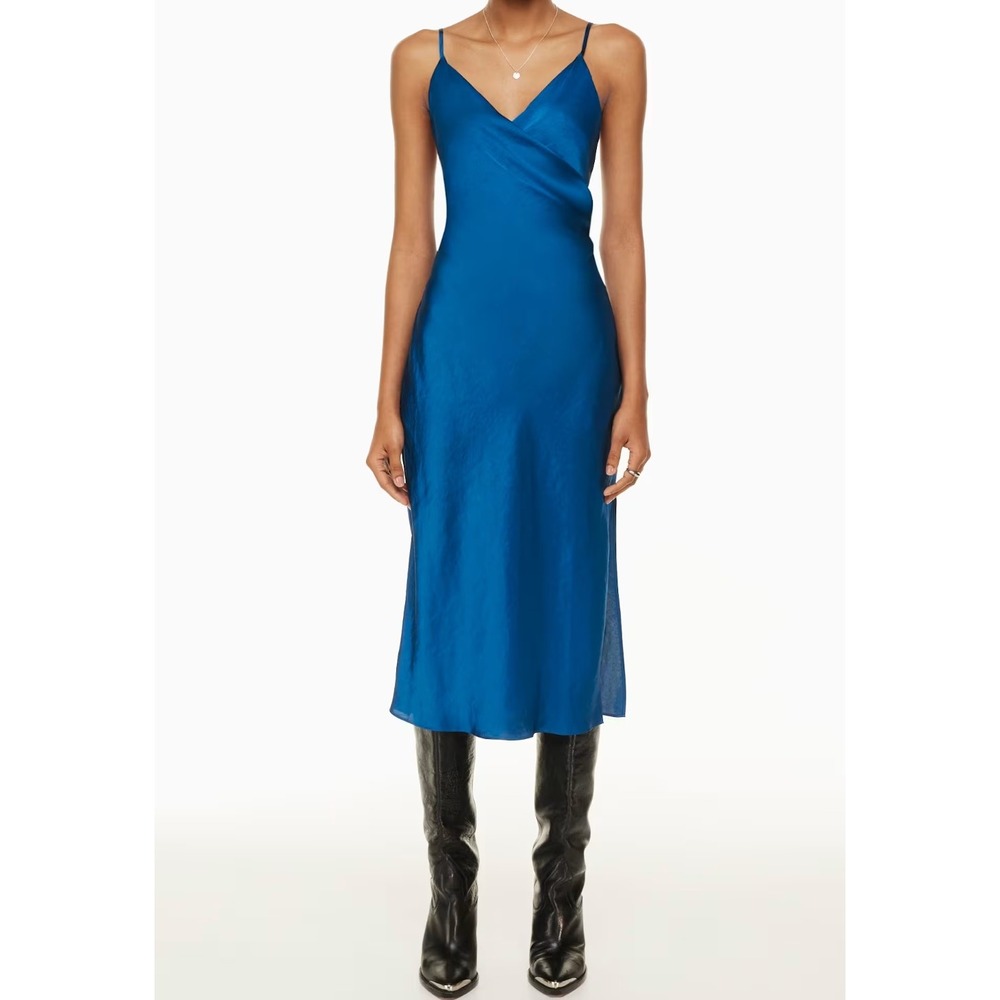 Aritzia Women's Wilfred Scenery Faux Wrap Midi Satin Slip Dress Marine Blue Sz S
